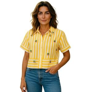 Christian Lacroix Embellished Cropped Cotton Button-down Short Sleeve Blouse Top